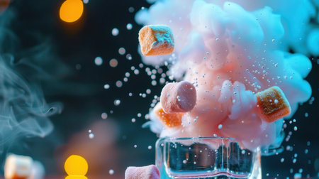 A stunning visual of colorful cotton candy and marshmallows exploding from a glass with smoke effects, creating an artistic and playful scene.の素材