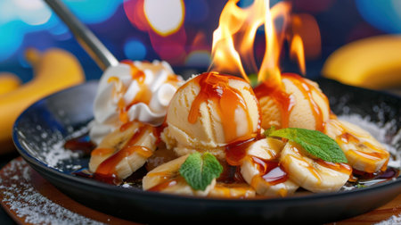 A captivating dessert featuring flaming ice cream scoops with rich caramel drizzle, served with banana slices, whipped cream, and mint, against a bright backdrop.の素材