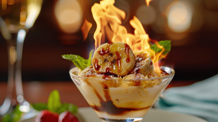 This stunning image showcases a flaming dessert featuring caramelized bananas on creamy ice cream, garnished with fresh strawberries and mint leaves, perfect for special occasions.の素材