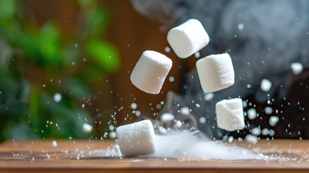 Five marshmallows appear to float above a wooden surface, enveloped in a cloud of sugar, creating a playful and enticing culinary scene.の素材