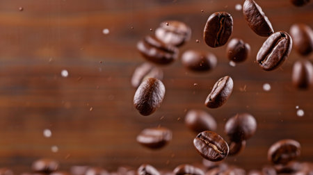 A captivating image showcasing brown coffee beans falling gracefully against a rustic wooden background, enhanced by a dreamy bokeh effect, perfect for coffee-themed designs.の素材