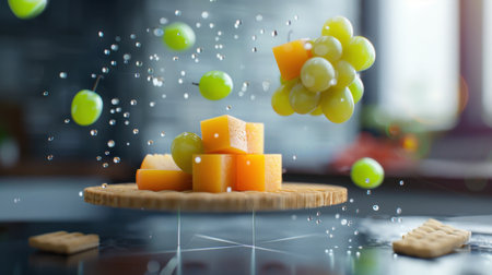 A captivating display of floating cheese cubes and grapes surrounded by bubbles, set in a stylish kitchen. A feast for the eyes, this image highlights healthy snacking and culinary creativity in a modern space.の素材