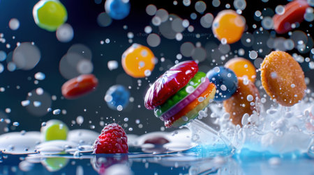 A whimsical scene featuring an array of colorful candies and sweets splashing dramatically in water, creating a playful and vibrant atmosphere ideal for food and dessert themes.の素材