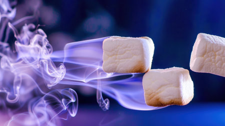 This captivating image features floating marshmallows surrounded by colorful smoke, creating an ethereal effect. The vibrant colors and textures evoke a whimsical and playful atmosphere.の素材