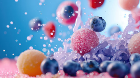 A vibrant scene showcasing colorful fruit and candy splashing in a delightful display. This image captures the joy of sweet treats and freshness.の素材