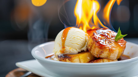 Experience a beautifully plated dessert featuring warm caramel topped with ice cream, perfectly complemented by fresh mint leaves.の素材