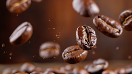 A stunning image showcasing flying coffee beans captured in mid-air against a blurred background, emphasizing their rich color and texture, perfect for coffee enthusiasts.の素材
