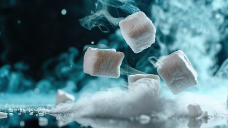 This captivating image showcases sugar cubes suspended in mid-air, enveloped in ethereal wisps of smoke. The surreal presentation emphasizes the sweet essence of sugar in a visually striking manner, perfect for culinary or artistic themes.の素材