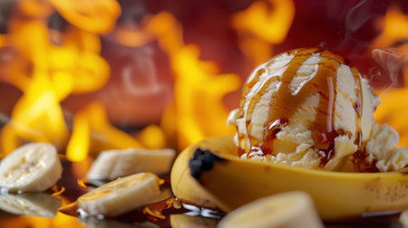 This enticing image captures a scrumptious dessert featuring creamy ice cream and warm caramel atop fresh banana slices, evoking warmth and indulgence.の素材