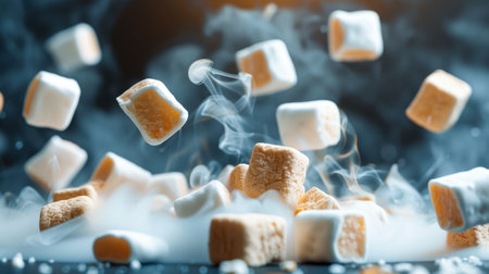 A whimsical scene showcasing marshmallows floating in a soft smoke, creating a dreamy atmosphere perfect for dessert-themed projects or food photography.の素材