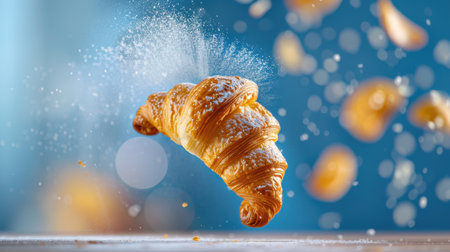 A stunning airborne croissant is captured mid-flight, showcasing its flaky texture while sprinkled with sugar against a soft blue background.の素材