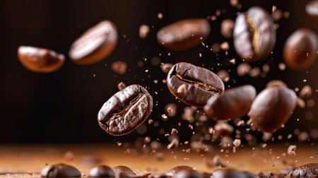This captivating image features coffee beans suspended in mid-air, enhanced by scattered ground particles, showcasing the rich texture and aroma of freshly roasted coffee.の素材