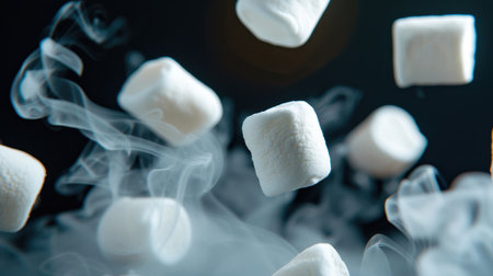 A captivating image of marshmallows floating amidst wisps of smoke, showcasing their fluffy texture against a dark backdrop, evoking warmth and sweetness.の素材