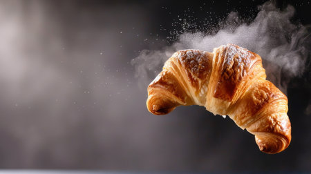 A visually stunning image of a freshly baked croissant suspended in mid-air, captured with a dusting of flour and a mysterious smoke background, creating an alluring atmosphere for culinary enthusiasts and food lovers.の素材