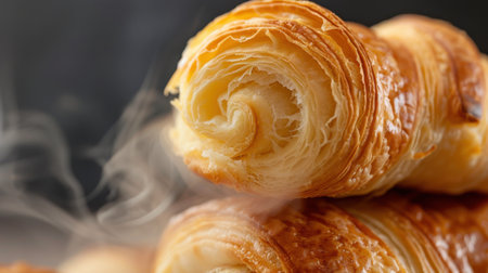 This close-up image showcases freshly baked croissants with golden layers and a flaky texture, releasing steam and inviting warmth. Perfect for food lovers!の素材