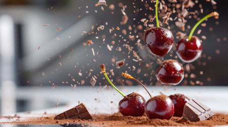 This captivating image features fresh cherries and chocolate pieces elegantly suspended in mid-air, surrounded by a spritz of cocoa dust, creating a visually stunning culinary scene.の素材