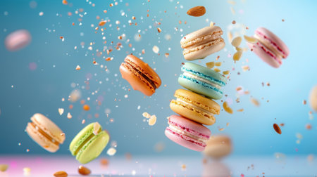 A stunning display of colorful macarons floating against a soft blue background, surrounded by nuts and crumbs, capturing a joyful and festive mood.の素材