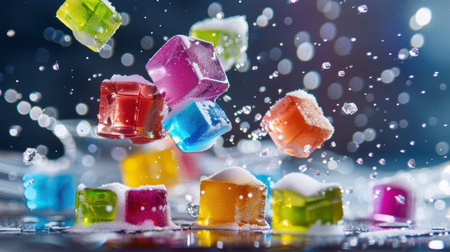 A dynamic composition featuring colorful ice cubes suspended in midair, surrounded by bubbles and snowflakes, capturing the essence of winter fun and refreshment.の素材