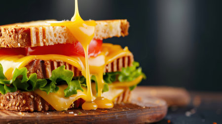 This vibrant image features a mouthwatering cheese sandwich with melting cheddar, fresh tomatoes, and crispy lettuce, highlighting culinary delight.の素材