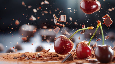 A dynamic scene featuring fresh cherries and chocolate pieces captured mid-air, highlighting the playful combination of flavors perfect for dessert designs.の素材