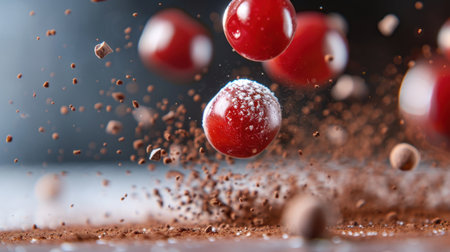 Captivating image of vibrant red candy balls suspended in mid-air, surrounded by chocolate dust and playful sprinkles, evoking a sense of sweetness and delight.の素材