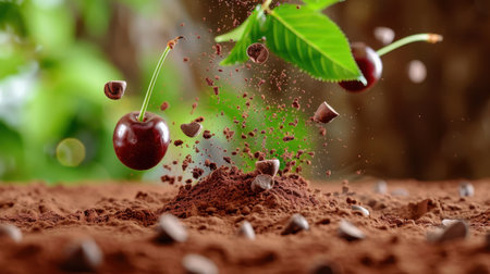 A vibrant composition showcasing fresh cherries and cocoa powder creating an explosion effect. This image captures the essence of indulgent treats against a soft, blurred green background.の素材