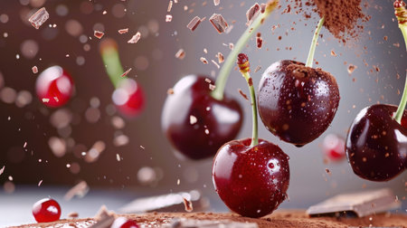 This captivating image features fresh cherries accented with chocolate dust, embodying the perfect blend of sweetness and indulgence. Ideal for culinary themes.の素材