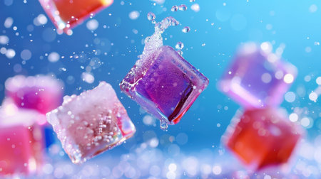 This vibrant image captures colorful ice cubes falling into sparkling water, creating a refreshing sensation. Perfect for summer-themed beverage promotions.の素材