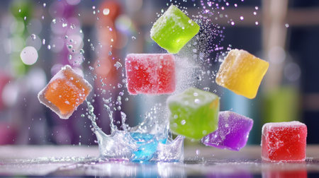 Colorful ice cubes splash into clear water, creating a playful scene with vibrant bubbles and a lively backdrop, perfect for summer refreshment.の素材