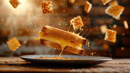 This captivating image features a golden-brown melted cheese sandwich floating above a rustic wooden table, surrounded by flying cracker pieces, creating a mouthwatering scene perfect for food enthusiasts.の素材
