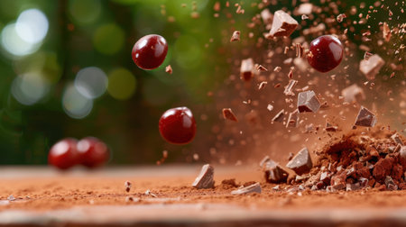 Experience the captivating motion of a chocolate and candy explosion, showcasing vibrant spheres and cocoa dust against a beautifully blurred background.の素材