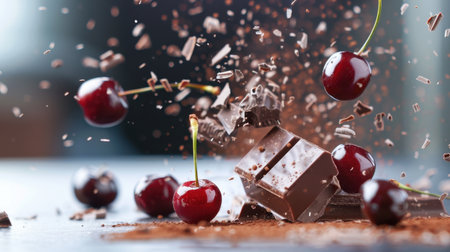 A stunning depiction of rich chocolate pieces and fresh cherries bursting into the air, creating an enticing scene filled with cocoa dust.の素材