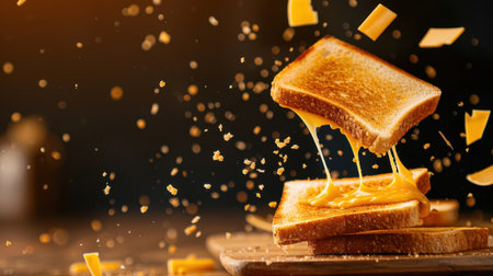 A visually striking image showcasing melted cheese oozing from toasted slices of bread, with cheddar pieces gracefully falling around, capturing the essence of comfort food.の素材