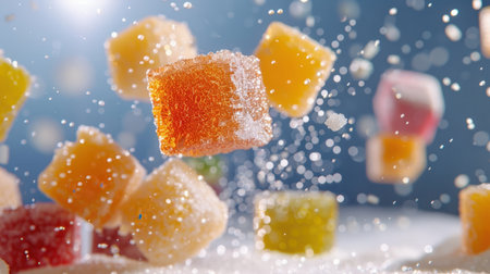 Vibrant and colorful sugar cubes tumble through the air, surrounded by sparkling sugar, creating a playful and festive atmosphere perfect for dessert themes.の素材