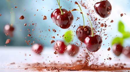 A dynamic composition featuring fresh cherries suspended in mid-air with chocolate crumbs, creating an enticing and appetizing visual perfect for culinary projects.の素材