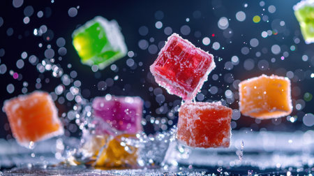 Dynamic scene of colorful fruit jelly cubes splashing into water, showcasing vibrant hues and playful motion, perfect for illustrating fun and sweetness.の素材