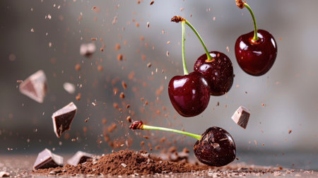 This stunning image captures fresh cherries and dark chocolate chunks in a dynamic splash, emphasizing rich textures and vibrant colors suitable for dessert themes.の素材