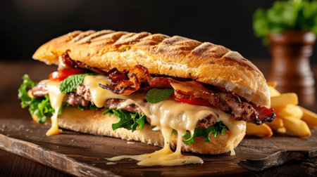 A mouthwatering gourmet sandwich featuring layers of melted cheese, crispy bacon, fresh lettuce, and tomato served with golden fries on a rustic wooden board.の素材