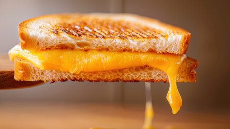 A mouthwatering image of a perfectly grilled cheese sandwich with gooey melted cheese oozing from crispy toasted bread, set on a wooden surface.の素材