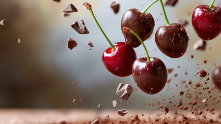 A stunning image showcases glossy chocolate-covered cherries, surrounded by flying chocolate chunks, creating an enticing dessert scene that celebrates indulgence.の素材