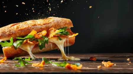 An appetizing sandwich featuring melted cheese and crispy toppings, complemented by fresh arugula, presented on a rustic wooden table. Perfect for food lovers!の素材