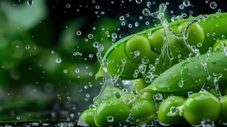 Captivating close-up of fresh green peas surrounded by water droplets and splashes, showcasing their vibrant color and natural freshness. Perfect for health and culinary themes.の素材