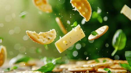This vibrant image captures cheese and crackers suspended in mid-air, surrounded by fresh herbs creating a lively and engaging culinary moment.の素材