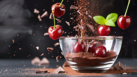 A captivating scene featuring fresh cherries suspended above a glass bowl filled with chocolate powder. This artistic composition highlights the elegance of dessert preparation, ideal for culinary enthusiasts looking to create enticing recipes.の素材