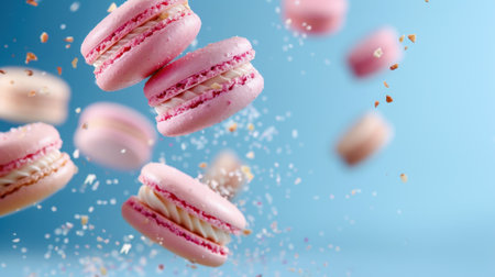 A vibrant image capturing pink macarons floating against a pastel blue backdrop, accented with sweet sprinkles, evoking joy and indulgence.の素材