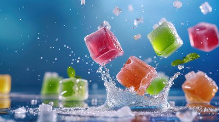Colorful ice cubes splash into clear water, creating a refreshing sensation. Perfect for summer beverage concepts, party themes, and cool drink visuals.の素材