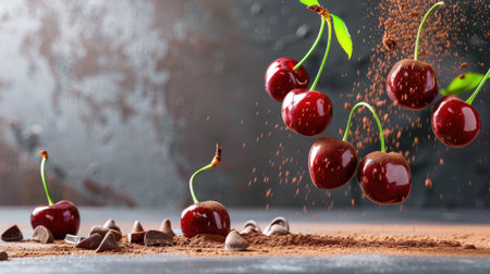 Lively composition of fresh red cherries surrounded by chocolate powder and chips set against a dark textured background, ideal for dessert concepts.の素材