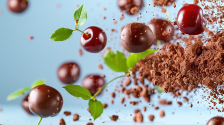 A captivating image of chocolate-covered cherries surrounded by fresh leaves, set against a soft blue background, showcasing the beauty of indulgent desserts.の素材