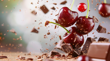 A stunning image capturing the exhilarating moment of fresh cherries and rich chocolate falling in a dynamic splash, evoking flavor and joy.の素材
