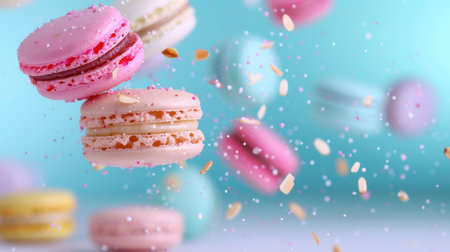A captivating image of colorful macarons suspended in motion with sprinkles, showcasing their vibrant hues against a soft background, perfect for dessert lovers.の素材